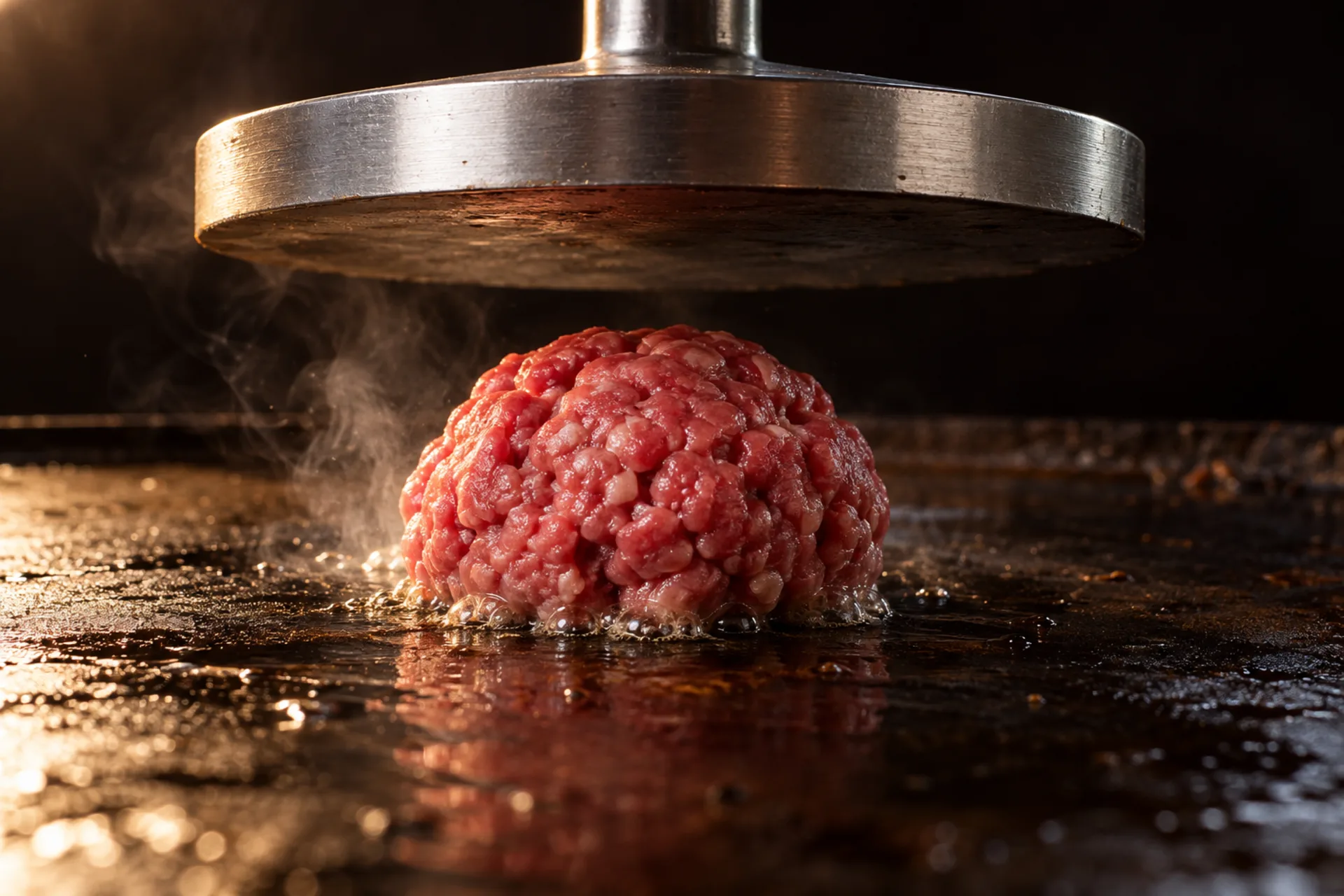 熱い鉄板に置いた牛ひき肉の玉と、上で待つプレス。